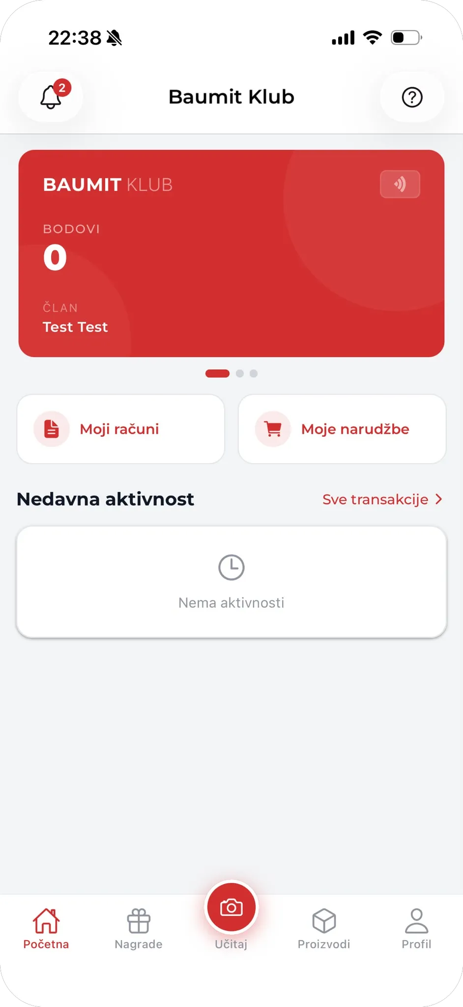 Home screen showing a red Baumit Klub membership card with a points balance and recent activity.