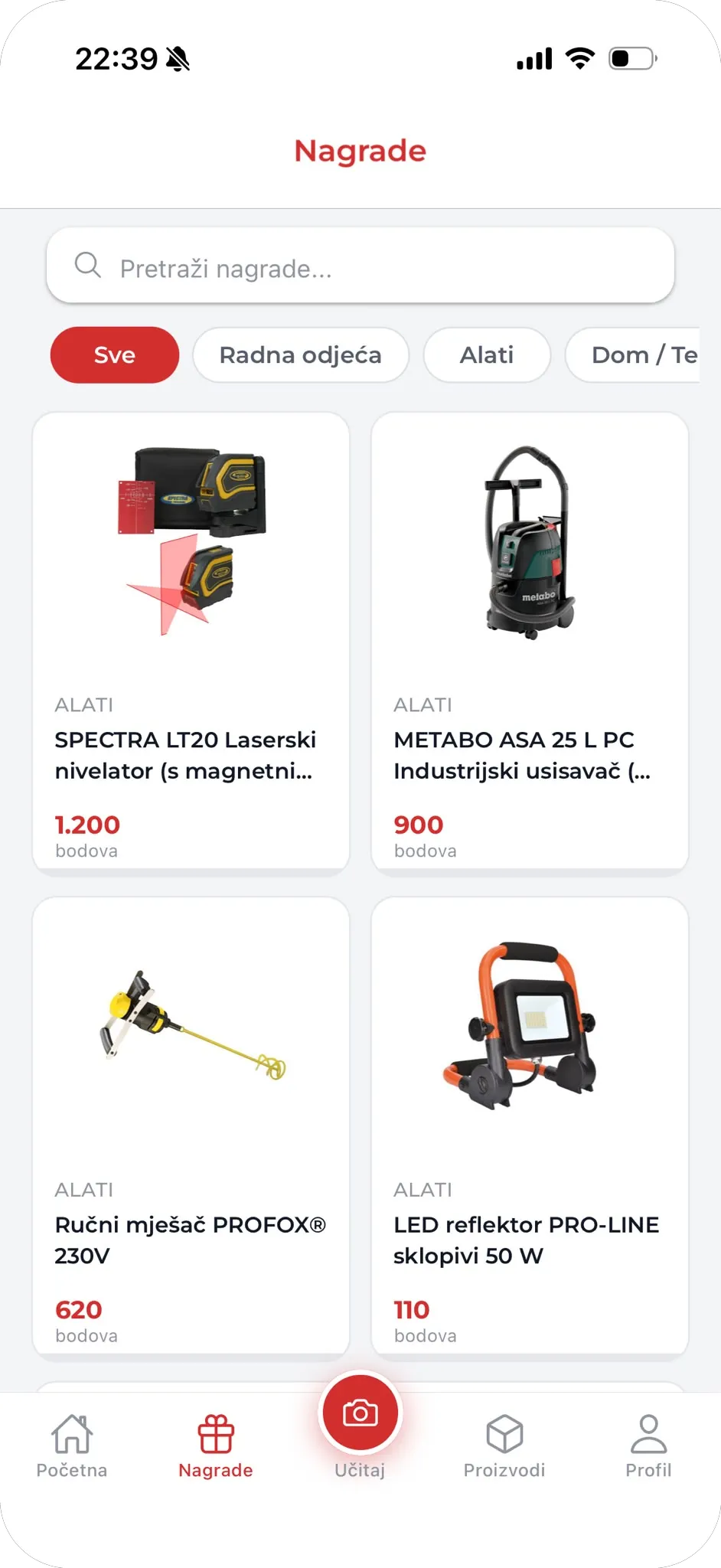 Rewards catalogue with tools and workwear, each priced in points.